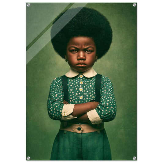 Acrylic print of a young girl with natural hair, green backdrop, floral dress, and floating mount, modern wall art.