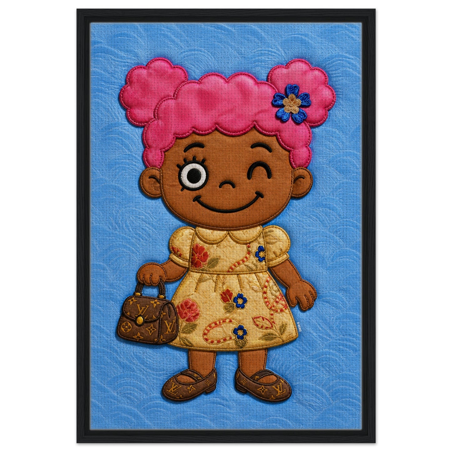 Pink Pigtails Framed Canvas Quilted-Style Kawaii-Style - Pop Art