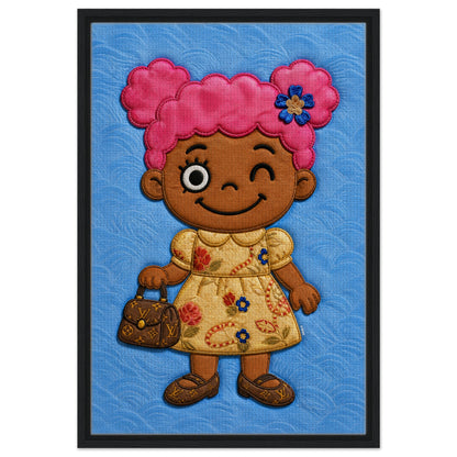Pink Pigtails Framed Canvas Quilted-Style Kawaii-Style - Pop Art