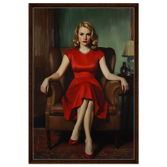 Mid-century framed canvas portrait of a woman in red, textured canvas, dark wood frame, steady gaze in film-noir light.