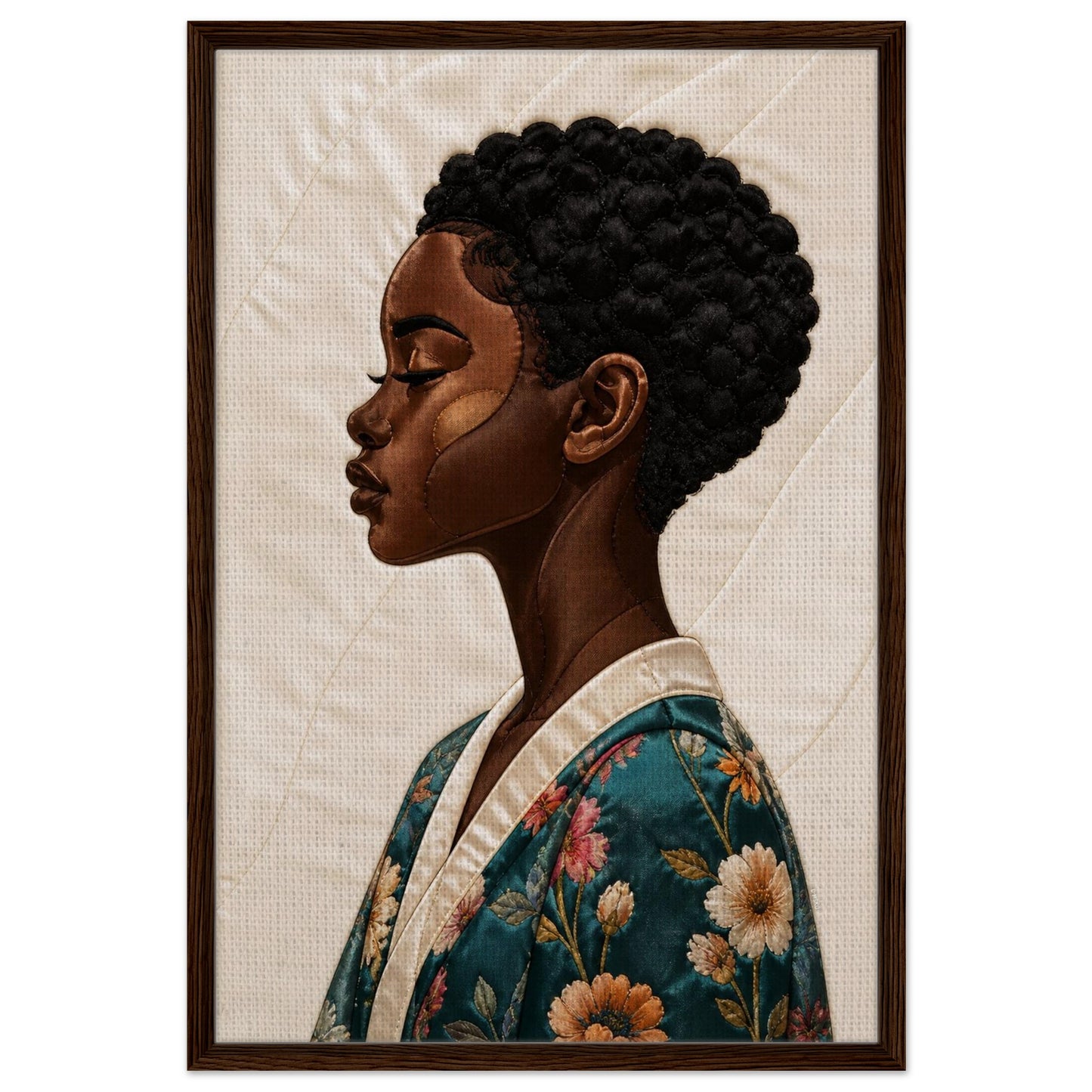 Framed canvas portrait of a Black woman in profile wearing a teal floral robe; quilt-inspired, wood frame, vertical.