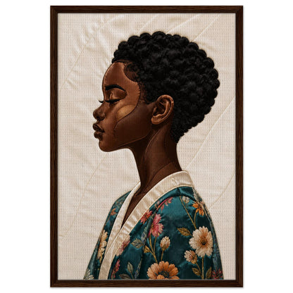 Framed canvas portrait of a Black woman in profile wearing a teal floral robe; quilt-inspired, wood frame, vertical.
