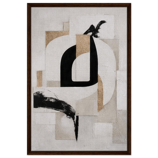 Sand Shadow framed canvas, gallery-ready abstract print with beige and white forms, black brushstrokes, slim black frame.