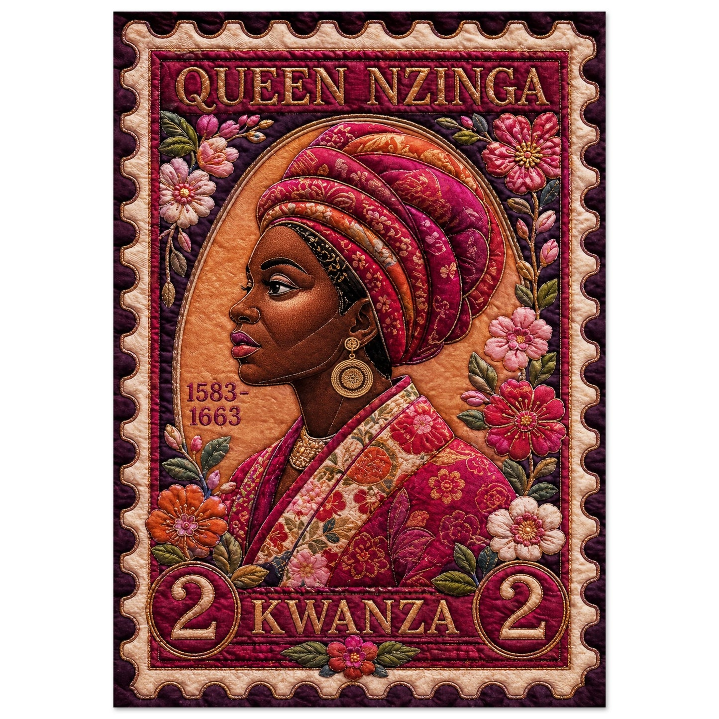 Queen Nzinga Quilt-Inspired Matte Paper Poster in Bisa Butler Style