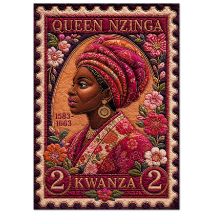Queen Nzinga Quilt-Inspired Matte Paper Poster in Bisa Butler Style