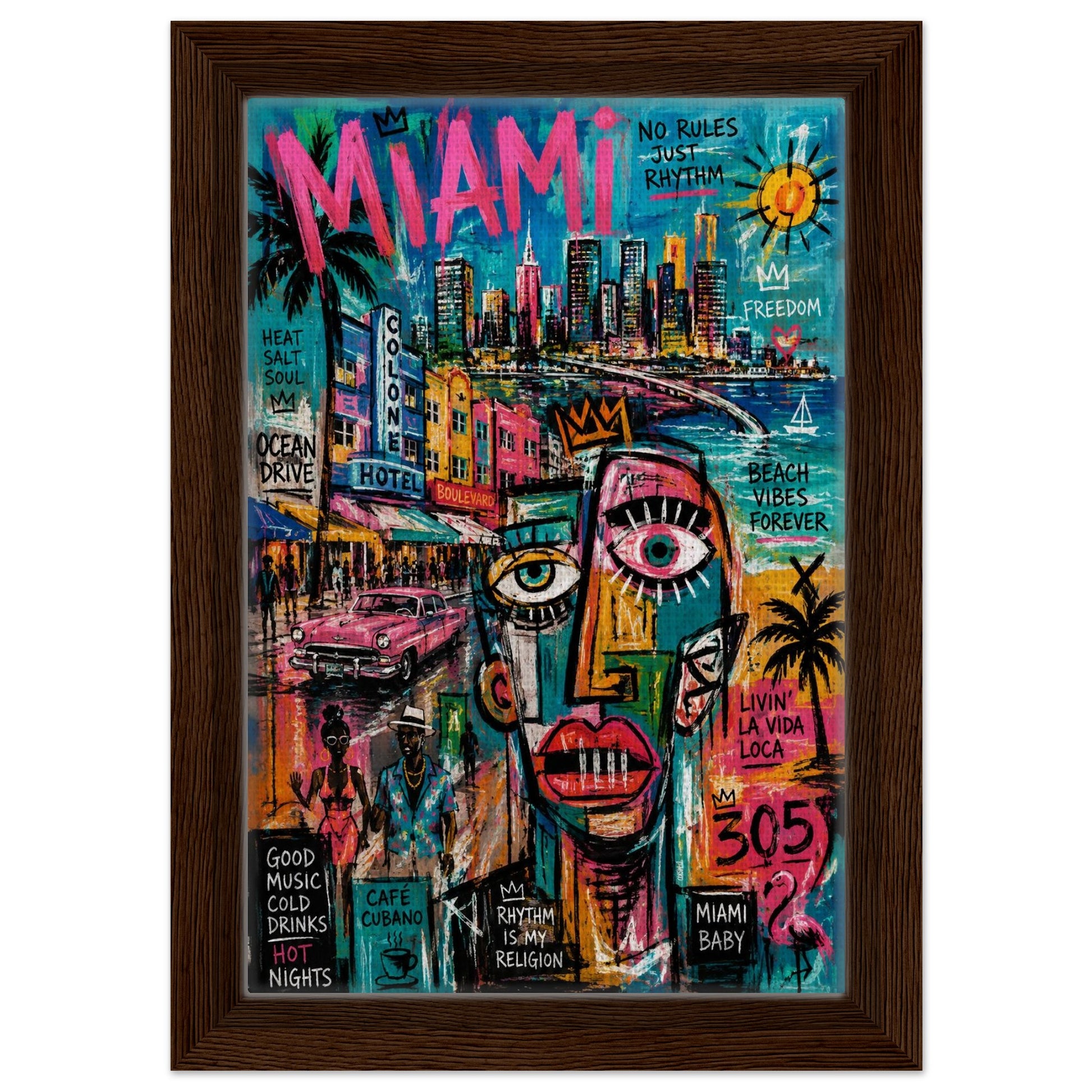 Miami Rhythm 305 Framed Canvas Neon-Graffiti Urban-Pop - Neo-Pop Style