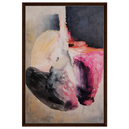 What Air Leaves Behind framed canvas, vertical abstract art in beige, black, and pink with textured surface, dark wood frame