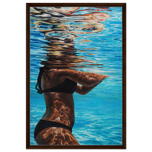 Underwater framed canvas print with sunlight splinters on a swimmer, narrow dark wood frame, photoreal abstract realism.