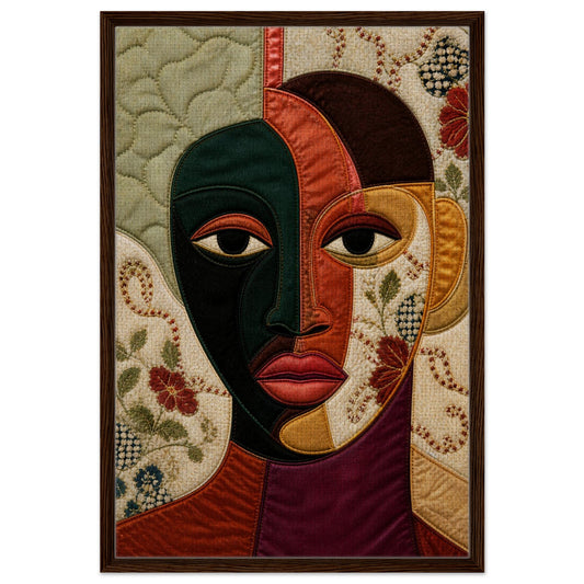 Framed canvas abstract portrait in jewel tone colors with cubist, quilt-inspired panels and dark wood frame, vertical
