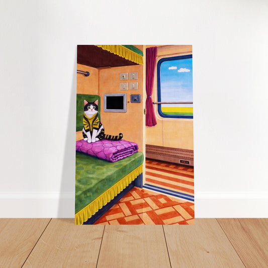 Cat on Train Matte Paper Poster Pop-Art - Mid-Century Travel