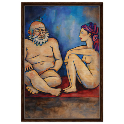 Expressionist couple on deep blue framed canvas with brown wood frame