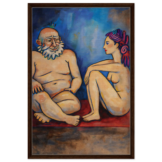 Expressionist couple on deep blue framed canvas with brown wood frame