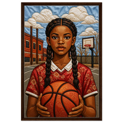 Black girl holding a basketball, quilt-inspired portrait art print on museum-quality matte poster