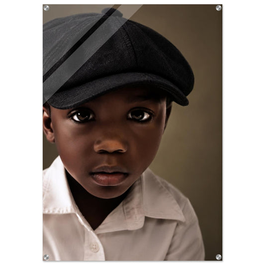 Little classic acrylic wall art print of a Black boy in flat cap, gallery-style.