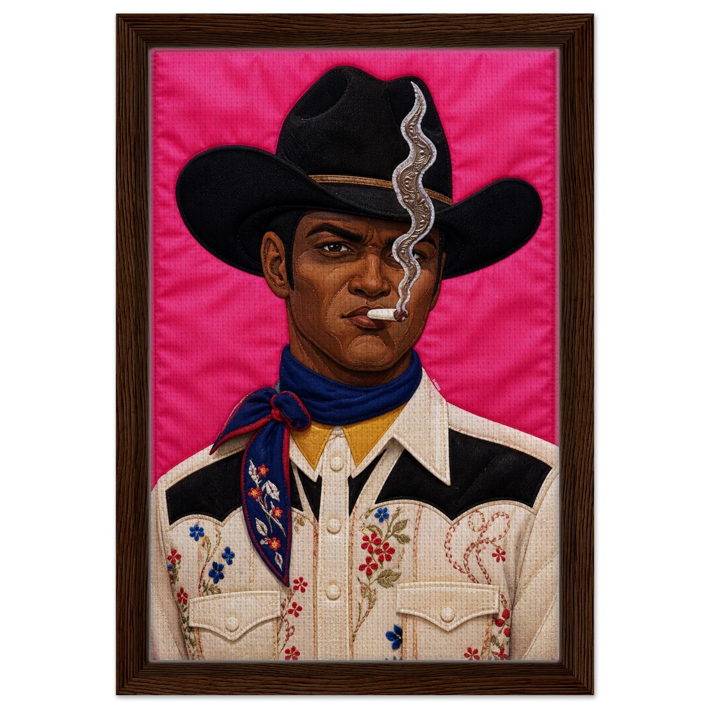 Pink Outlaw Cowboy Framed Canvas Quilt-Inspired Western Portrait