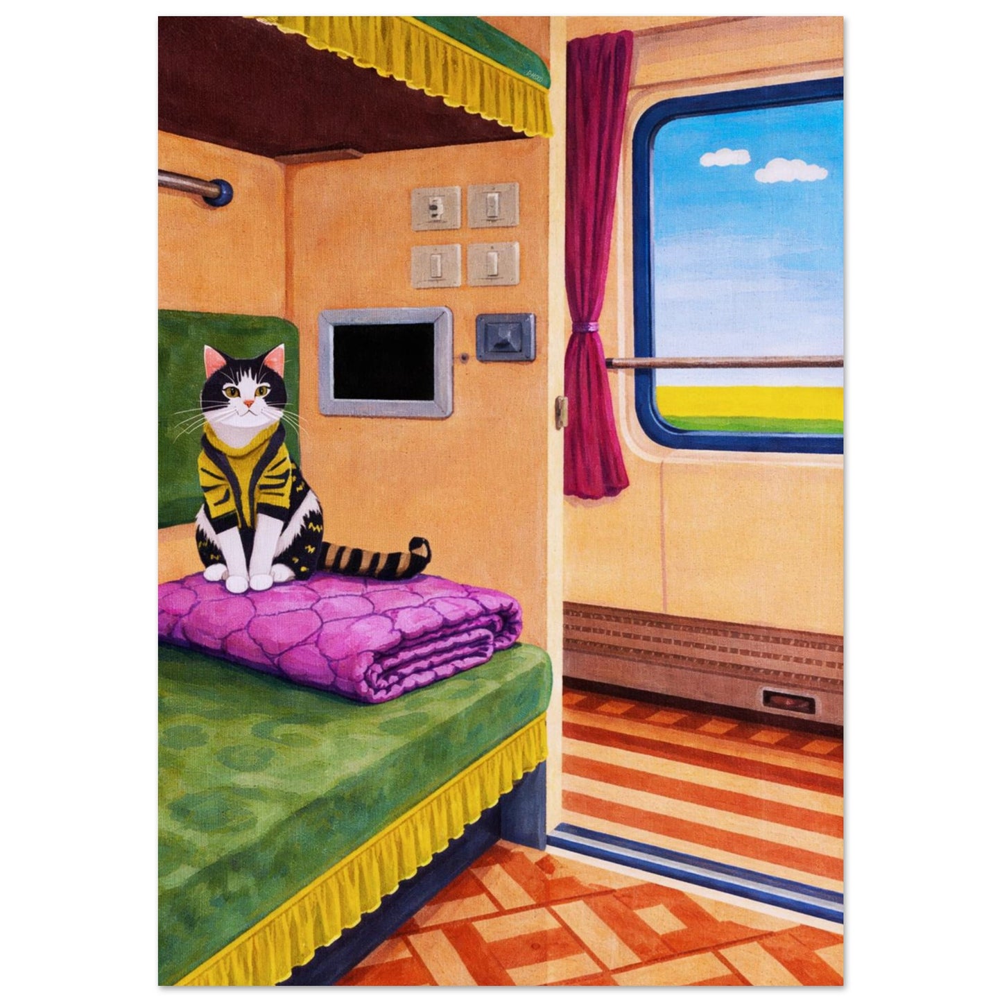 Cat on Train Matte Paper Poster Pop-Art - Mid-Century Travel