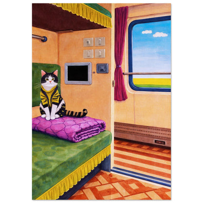 Cat on Train Matte Paper Poster Pop-Art - Mid-Century Travel