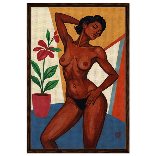Figurative canvas of a flower beside her, portrait orientation, textured print in a dark wood frame.