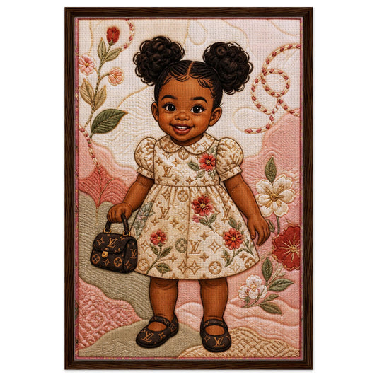 Black girl portrait on quilted floral framed canvas wall art, vertical orientation, pink and beige with green leaves