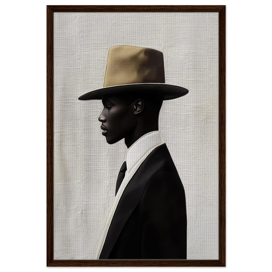 Framed canvas fashion illustration of a black-and-beige profile portrait wearing a wide-brim hat in a brown wood frame.