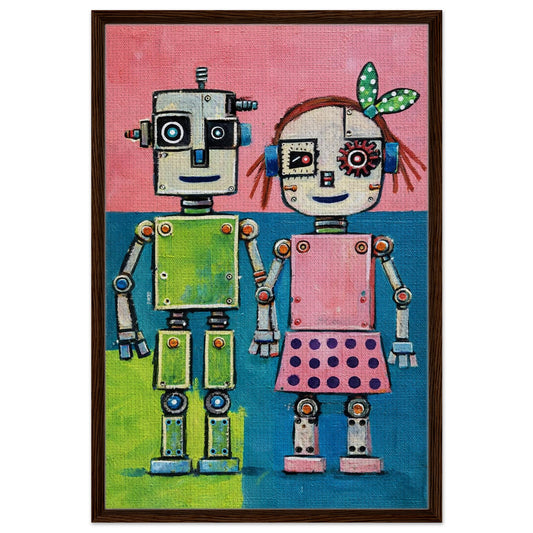 Perfectly Imperfect Pair wood-look framed canvas featuring two whimsical robots, naive-pop style, vertical wall art