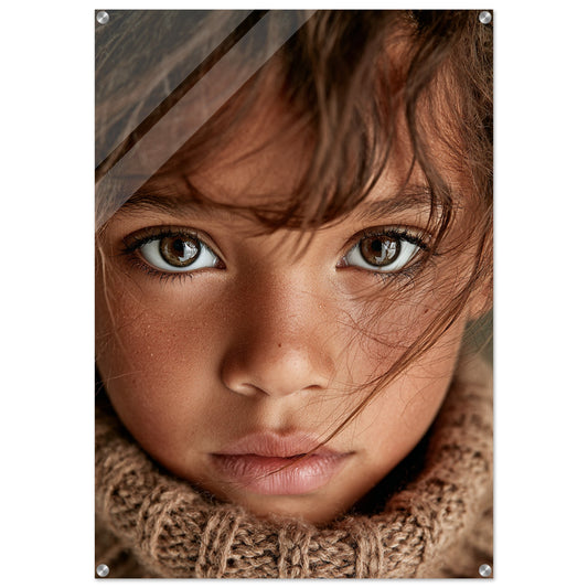 Amsterdam fine art acrylic print of a photo-realistic portrait with expressive brown eyes, glossy finish, unframed panel