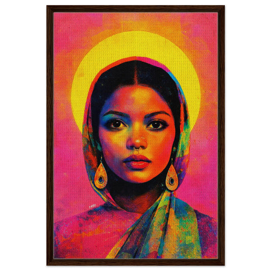Pop-art portrait of a woman with a yellow halo behind her head, a colorful headscarf, teardrop earrings, and a nose ring, in a dark wood frame.