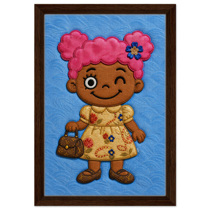 Pink Pigtails Framed Canvas Quilted-Style Kawaii-Style - Pop Art