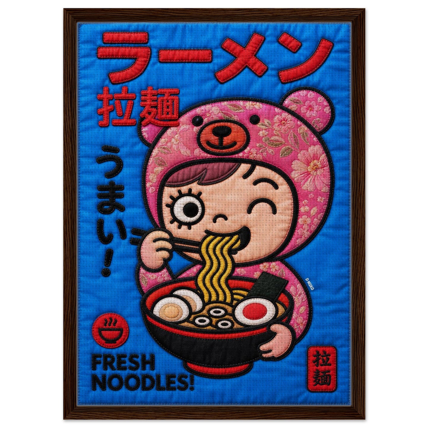 Kawaii Ramen Bear Framed Canvas Quilt-Inspired Pop-Art
