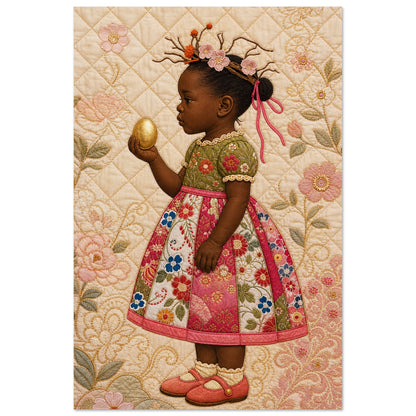 Black girl holding a golden egg, quilt-inspired dress and floral background on museum-quality matte paper poster.