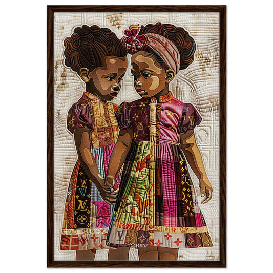 Framed canvas portrait of two sisters in quilt-inspired dresses, vertical art with a slim dark wood frame