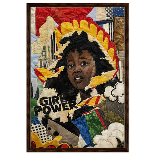 Black girl framed canvas art with GIRL POWER text, quilt-inspired pop art portrait in dark wood frame