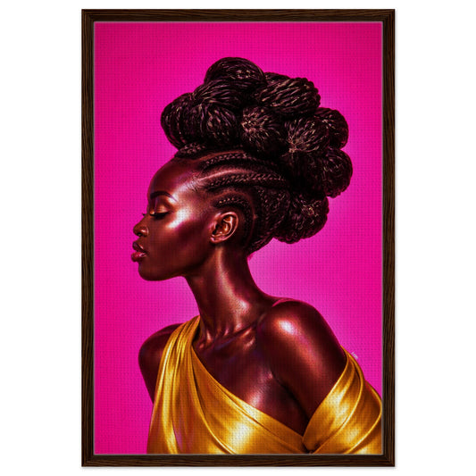 Magenta Silence Afrocentric portrait on framed canvas, profile with braided updo and gold drapery in slim black wood frame