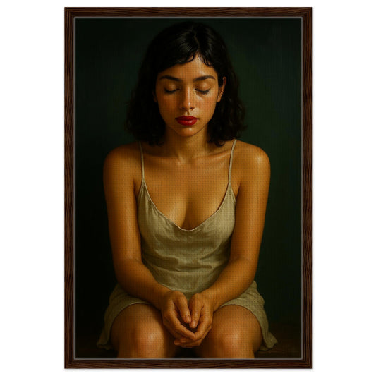 Framed canvas portrait of a seated woman with dark hair and red lips, eyes closed, wearing a pale slip dress with hands clasped in her lap against a deep green background, in a dark wood frame.