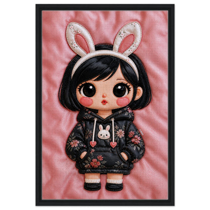 Bunny Bloom Kawaii Quilted-Style Framed Canvas