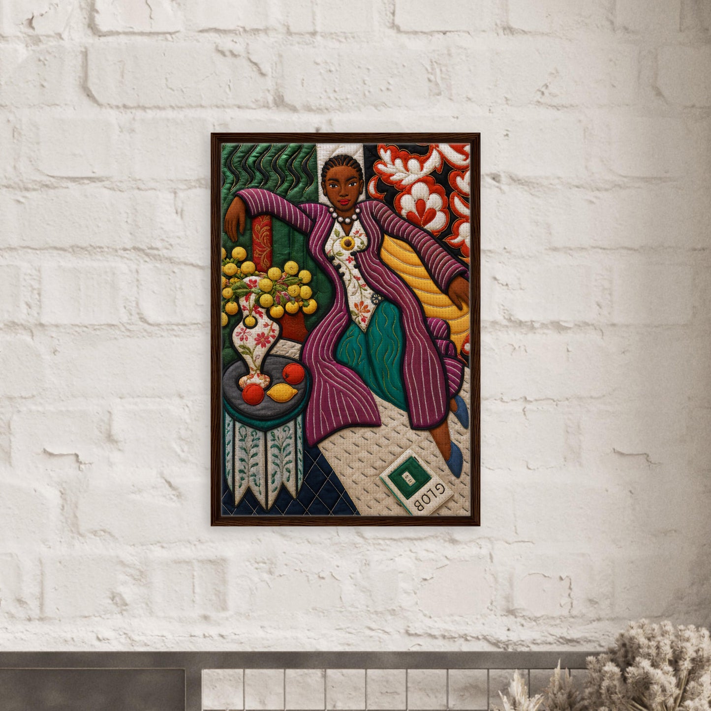 Citrus Lounge Framed Canvas Afrocentric Quilt-Inspired Portrait