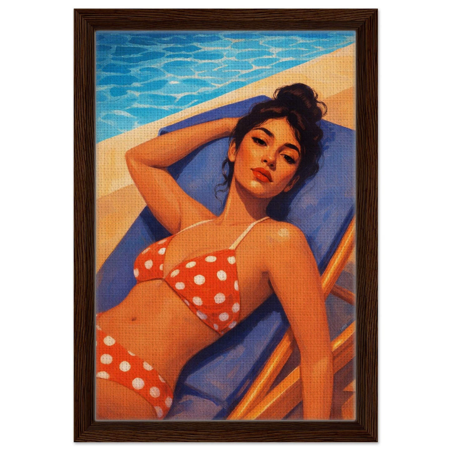 Poolside Muse Retro-Illustrative Framed Canvas - Pin-Up Style