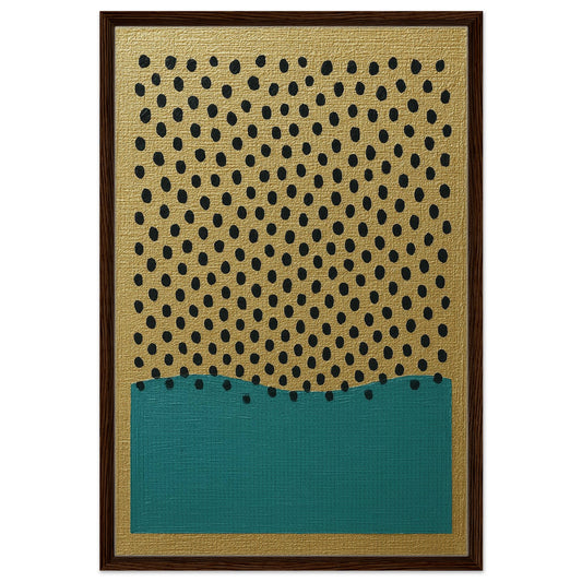 Minimalist framed canvas, Drops of Silence-black dots on gold with a turquoise block in a black frame.