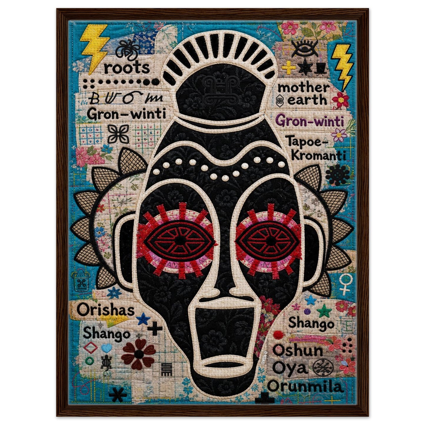 Ancestral Roots Mask Framed Canvas Quilted-Style - Yoruba Orisha Style