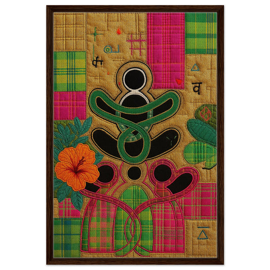 Rising Kente Spirit framed canvas with gold-textured field, kente plaid, abstract silhouettes, dark wood frame, portrait.