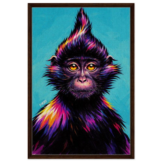 Bright Eyed Rebel framed pop art monkey portrait with white mat and dark wood frame on turquoise background