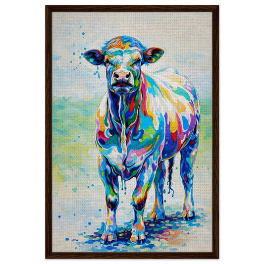 Standing colorful cow portrait on textured black framed canvas, pop-art style, portrait orientation