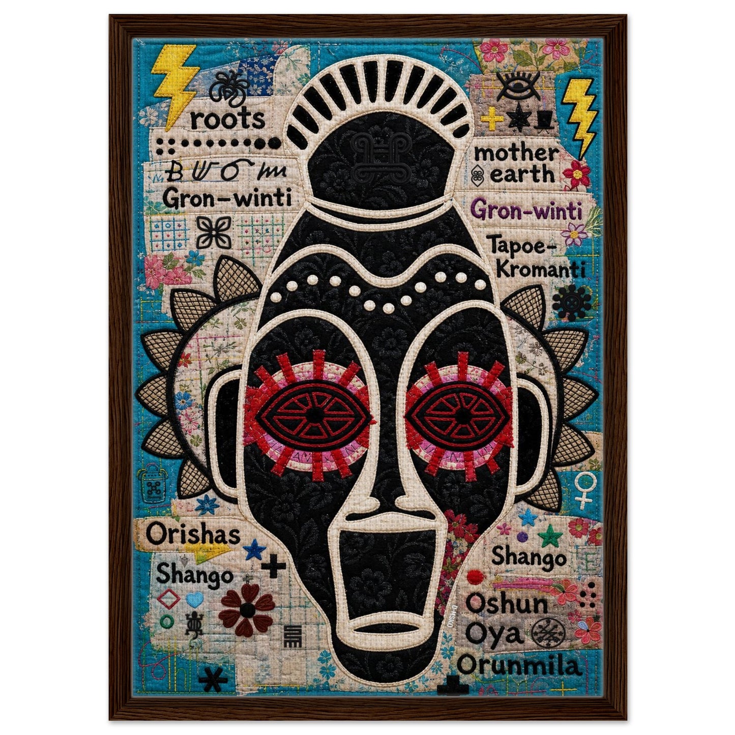 Ancestral Roots Mask Framed Canvas Quilted-Style - Yoruba Orisha Style