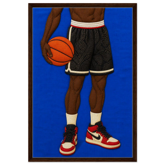 Framed canvas of Afrocentric basketball art with blue background, quilt-inspired texture, athlete holding orange ball
