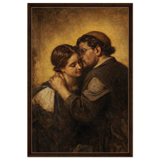 Touch Without Permission framed canvas, romantic chiaroscuro couple embrace in dark wood frame, portrait, ready to hang