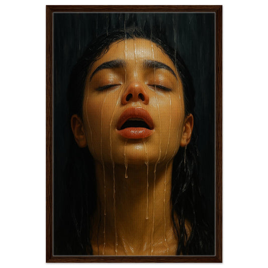 Chiaroscuro female portrait on a framed canvas, drenched in silence with photoreal wet face, black wood frame
