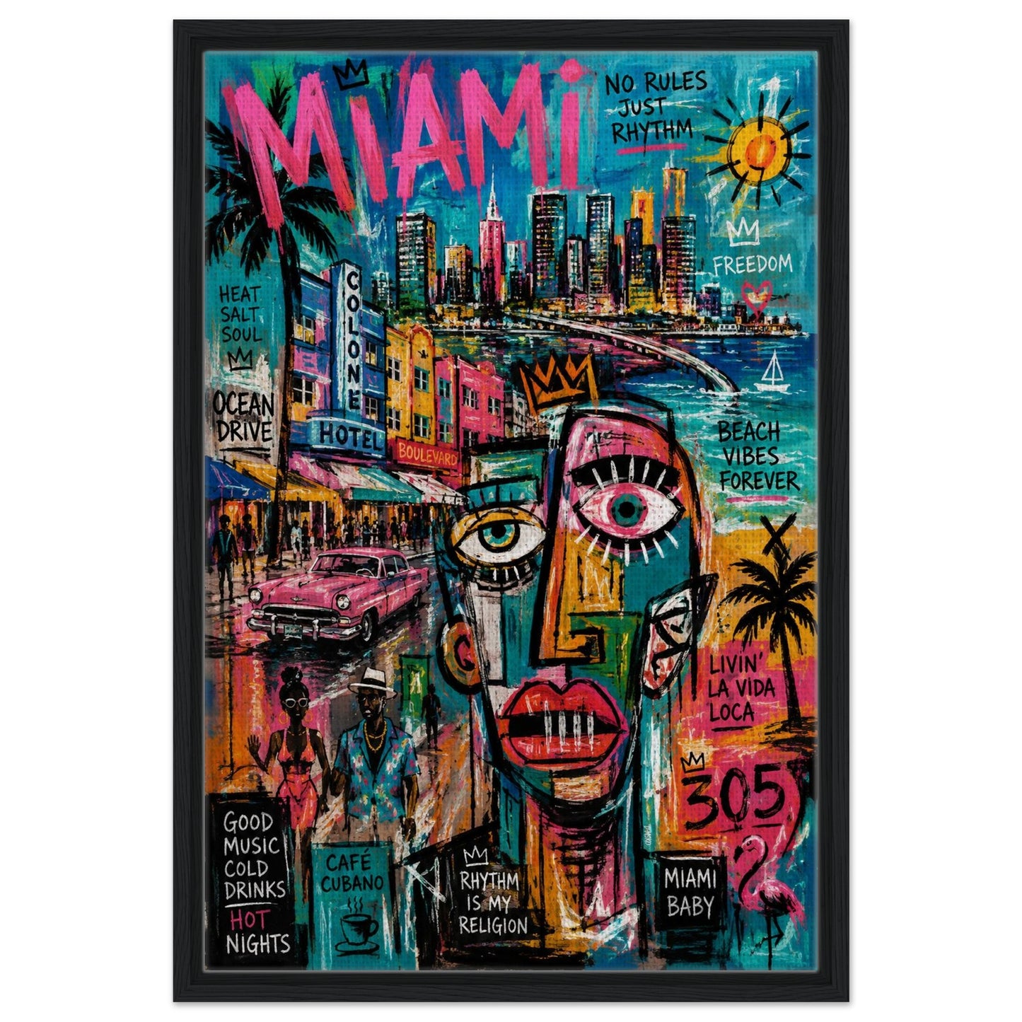 Miami Rhythm 305 Framed Canvas Neon-Graffiti Urban-Pop - Neo-Pop Style