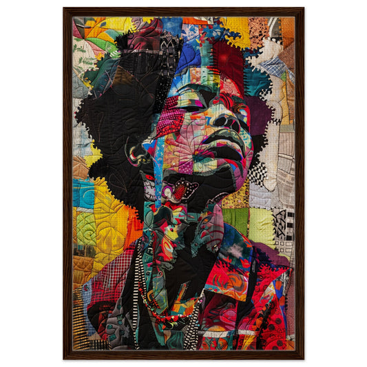 Soulful Woven Whispers framed canvas, quilt-inspired portrait on textured canvas in dark wood frame, vertical wall art.