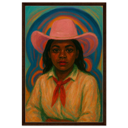 Modern cowgirl spirit framed canvas with pink cowboy hat and a blue-orange halo, textured portrait in dark wood frame.