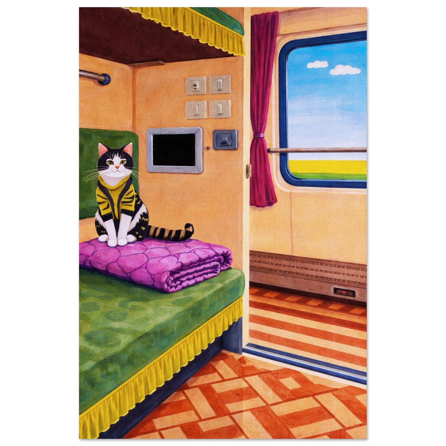Cat on Train Matte Paper Poster Pop-Art - Mid-Century Travel